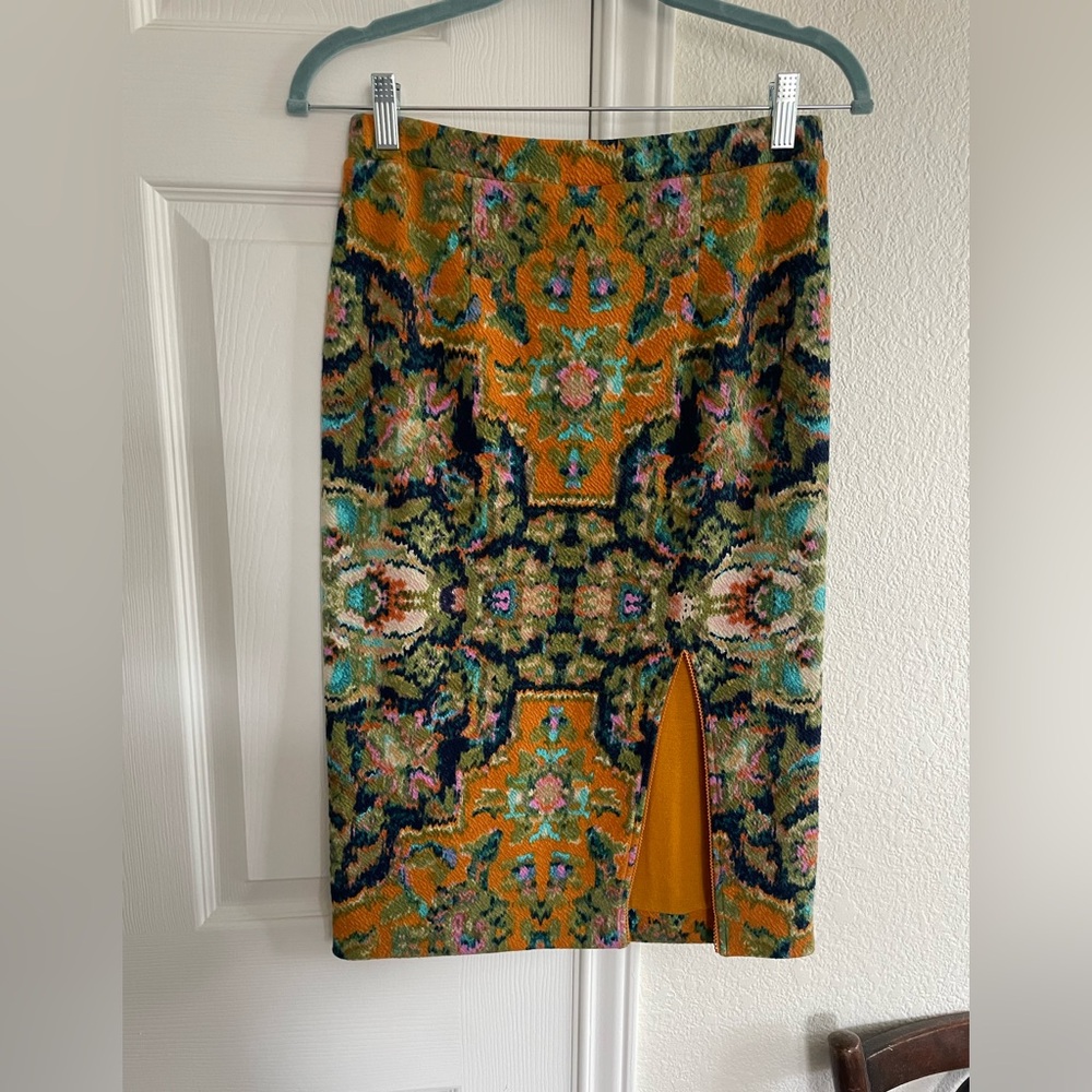 Maeve Anthropologie Gold and Green Midi Pencil Skirt with Slit